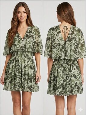 Halston Sage Green Palm Leaf Print Dress Size 6 Smocked Waist Tropical Flounce